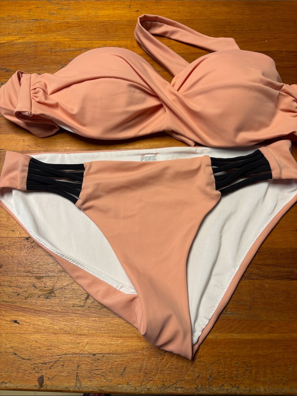 PINK Victoria's Secret Peach Bikini with Black Side Strap Accents